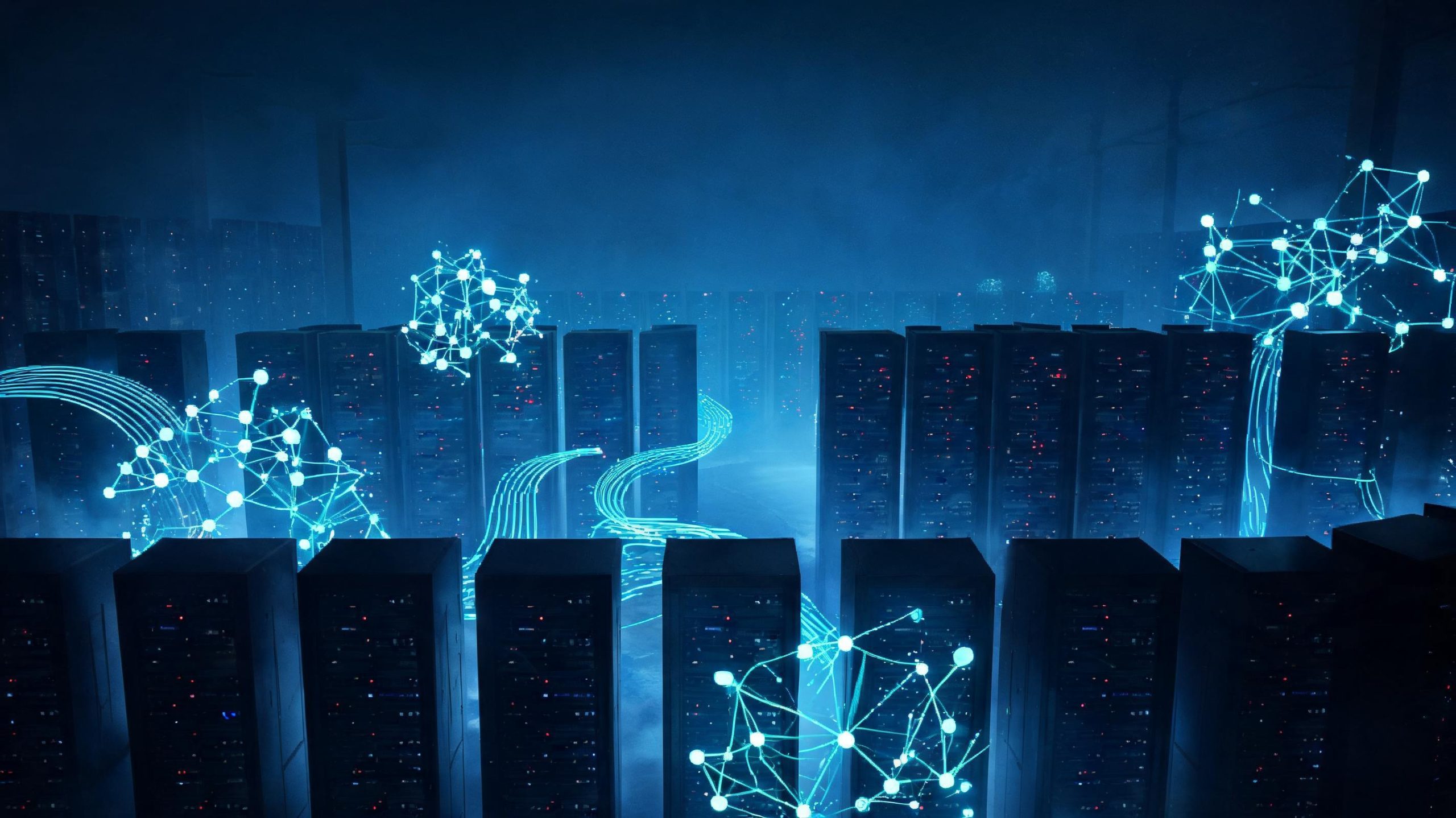 Photorealistic dark data center scene with server racks and floating neural network particle visualization for large language model testing