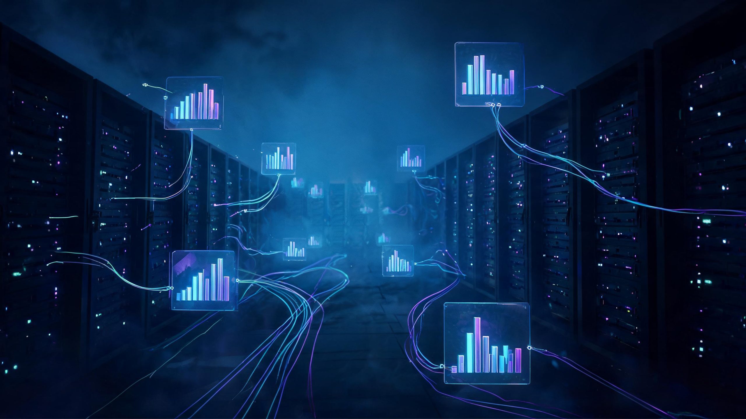 Cinematic data center visualization with suspended 3D comparison charts and glowing fiber data streams for LLM benchmark rankings