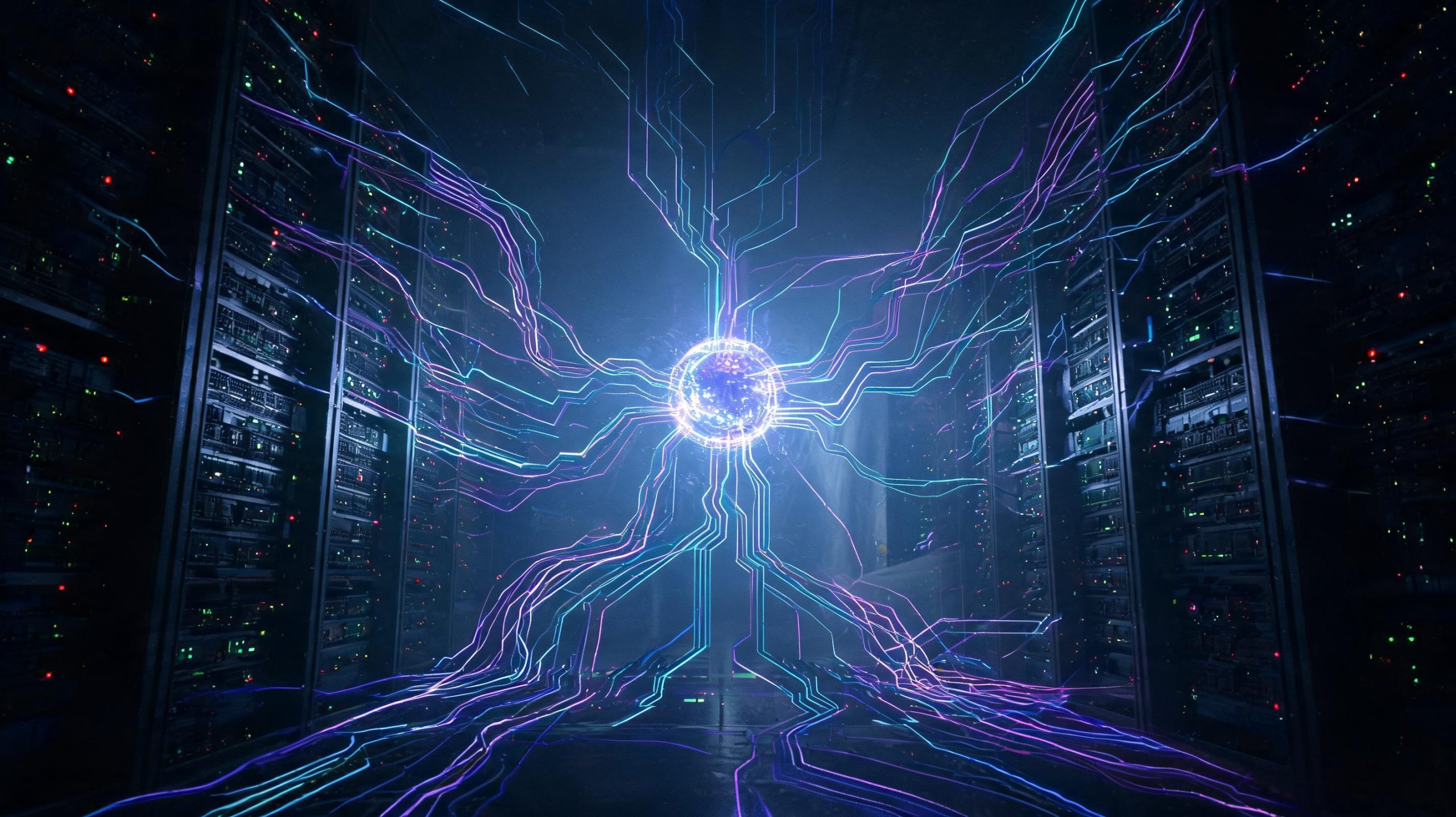 Cinematic data center visualization with suspended 3D comparison charts and glowing fiber data streams for LLM benchmark rankings