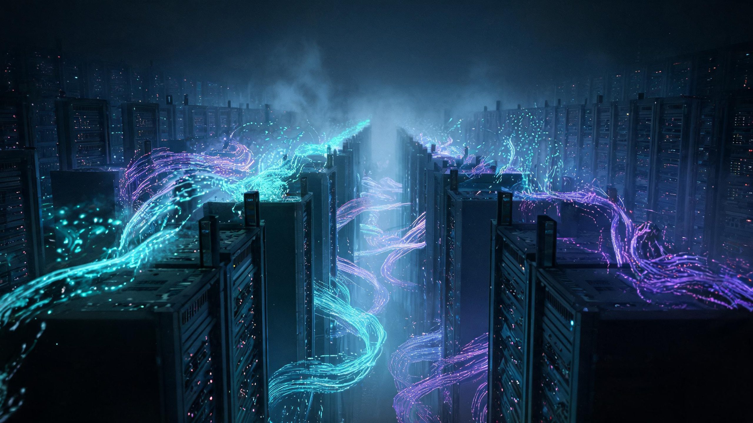 Futuristic dark data center visualization with flowing luminous data particles for AI infrastructure introduction